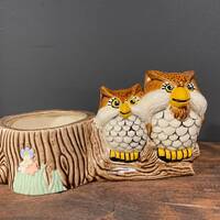 Small Vintage Ceramic Owl Planter, Owl Couple with Tree Stump Planter, Retro Owls, Ceramic Mold, Uns