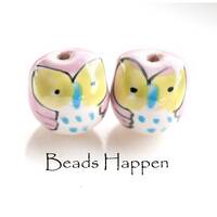 14mm Owl Beads, Handpainted Ceramic Owl Bird Owls Beads, Pink with Blue Black Yellow Accents, Hand p