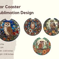 Owl Flower Stained Glass Car Coasters Set, Flower Sublimation Stained Glass PNG Digital Download2