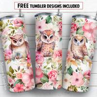Owls and flowers 20oz skinny tumbler sublimation design Watercolor animal Floral Seamless digital PN