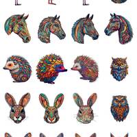 Colourful psychedelic animal stickers, sheet template, horses, owls, cats, storks, hedgehogs, 20 ima
