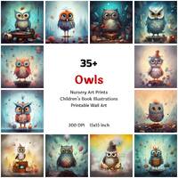 Cute Owl Nursery Art Printable Collection, Print Set, Owls Painting Clipart Bundle, Watercolor Wall