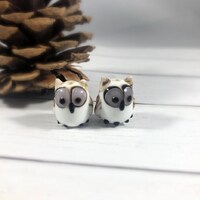 White Owl Lampwork Beads, 16x12mm Woodland Owl Lamp Work Beads, Glass Owl Beads - Qty 2 pcs