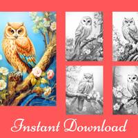 Forest Owls Adult Coloring Page 10 Digital Download Grayscale Coloring Sheets