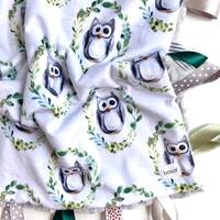 Woodland Owl Ribbon Minky Tag Lovey, Baby Boy Grey Minky Embroidered Blanket, Toddler Sensory Tag Bl