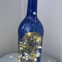 Light up Hand Painted Owl on Glass Upcycled Empty Blue Bottle