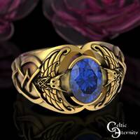 Mens Gold Viking Owl Ring, Sapphire 10K Statement Ring, 14K Mens Celtic Owl Wedding Ring, Sapphire G