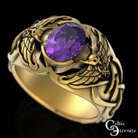 Gold Viking Owl Ring, 10K Amethyst Signet Statement Ring, 14K Men Celtic Owl Wedding Ring, Amethyst 