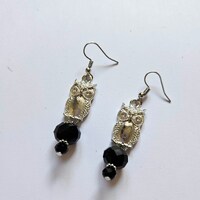 Owl Charm Earrings, Black Crystal Earrings, Silver Earrings, Unique Beaded Earrings, Owl Jewellery, 