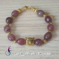 Bracelet Hibou doré et nuggets en cherry quartz, perles intercalaires en métal dor&eac