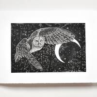 Barn Owl Linocut Print: Handmade Art with Stars and Moon