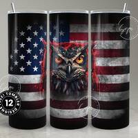 Owl Tumbler, American flag USA, 4th July, 20oz Skinny Tumbler Seamless Sublimation, Patriotic Tumble