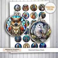 Stained Glass Owls Printable Download  20 mm 25 mm 30mm 1 inch 1.5 inch for Bottlecaps, Pendants, Ma
