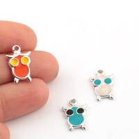 Rhodium Plated Owl Charms, Enamel Owl Pendant, Tiny Owl Jewelry, Colored Animal Charm, Owl Medallion