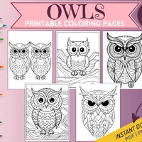 Owls Coloring Pages, 5 Printable Coloring Pages for Kids and Adults, for Stress Relief and Relaxatio