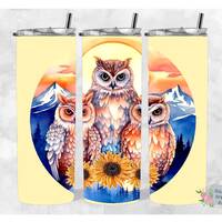 Watercolor Owls and Sunflowers 20oz Tumbler Wrap (PNG Digital Download)