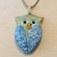 Whimsical Owl Pendant Necklace - One of a Kind Pastel Green and Blue - Handcrafted Jewelry