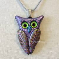 Whimsical Owl Pendant Necklace - Purple Pink Green Eyed Jewelry - Handmade One of a Kind - OOAK