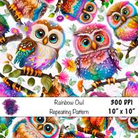 Seamless digital pattern png paper rainbow colorful owl leaves and flowers Pattern fill scrapbook su