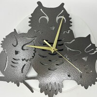 Owl Family Clock, Metal Cutout Black with Quartz Movement  12"