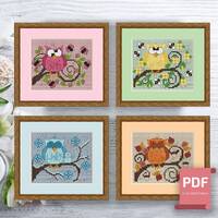 Set of 4 Seasons Owls Cross Stitch Pattern | Autumn Cross Stitch | Summer Cross Stitch | Modern Cros