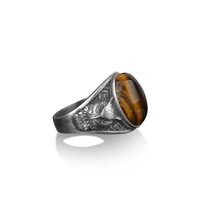 Owl and stripes tiger's eye gemstone ring for men, 925 sterling silver oxidized signet ring for 