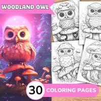 Owl Coloring Book, Owl Coloring Page, Mushroom Coloring, Animal Coloring Page, Cute Animal Grayscale