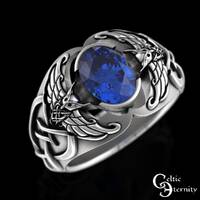 Sterling Nordic Sapphire Ring, Sapphire Owl Wedding Ring, Men Viking Statement Ring, Sapphire Viking