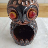 Vtg. owl ashtray; red clay, marble eyes with handle.