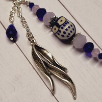 Boho Owl Blue & Pink Beaded Keychain Purse Charm Bag Charm Dangle Zipper Pull Gift Idea
