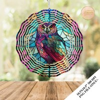 Colorful Owl Stained Glass Wind Spinner Sublimation Design Template, Owl Wind Spinner, 10.5 inch Rou