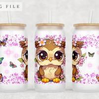 Baby Owl Libbey Glass Can Wrap, 16oz Glass Can PNG File, Little Owl Glass Can Sublimation Design, Cu