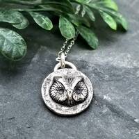 Handmade Silver Owl Necklace, Owl Charm Pendant, Cute Little Owl, Owl Face Necklace, Great Horned Ow