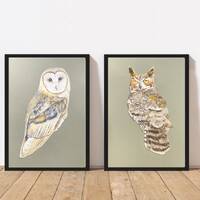 Owl Painting Set – 2 Original Watercolors – Bird Wall Art for Nursery or Home – Wo
