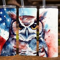 Owl in front of American Flag, watercolor,  20 Oz Skinny Sublimation Tumbler Wrap Digital Design, PN