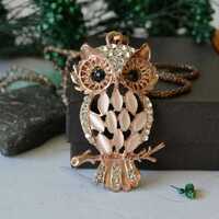 Vintage Jeweled Owl Pendant Necklace: Gold Tone Rhinestone Woodland Jewelry
