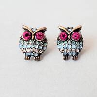 Vintage owls  post earrings with rhihestones