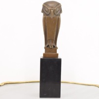 Art Deco Bronze Owl Statue: Wisdom Symbol Figurine on Marble Base