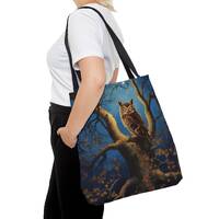 Wise Owl Night Tote Bag, Moonlit Tree Design, Tranquil Forest Inspired Accessory, Spacious Carryall,