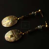 Night Owl Earrings: Mother of Pearl, Gold Inlay, Moss Quartz