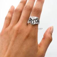 Oxidized Owl Face Ring: Solid Sterling Silver Statement Jewelry