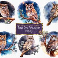 Watercolor Scops Owl Clipart: Night Forest PNG Images (Digital Download)