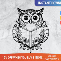 Wise Owl Reading Book SVG PNG Clipart, Digital Stamps, Vector Graphic, Cute Bird SVG