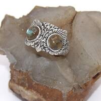 Hand made Solid.925 Sterling Silver Oxidized Owl Ring With Labradorite Cabochons-Custom size