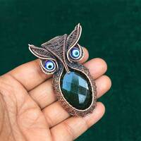 Evil Eye Owl Pendant Copper Pendant, Gorgeous Faceted Green Jade Gemstone Copper Wire Woven Pendant,