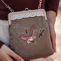 Handmade Vintage Linen Bag with Owl Embroidery