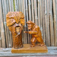 Vintage Hand-Carved Wood Hunter & Owl Pencil Holder: Lithuanian Folk Art