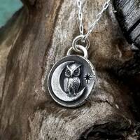 Silver Owl and Crescent Moon Necklace, Owl Charm, Celestial Owl Pendant, Cute Little Owl Jewelry, Wo
