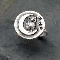 Silver Owl Ring, Owl and Crescent Moon Ring, Celestial Owl Ring, Cute Spooky Owl Jewelry, Woodland F