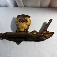 Vintage Hand Carved Rustic Wooden Owl on Branch with Owlet